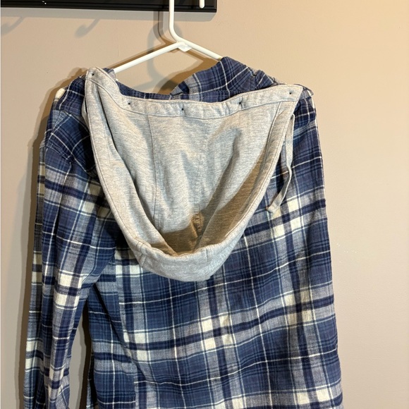 American Eagle Outfitters Navy and White Plaid Hooded Flannel - Picture 3 of 4